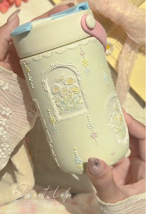 Hand-Painted Cream Ceramic Travel Cup
