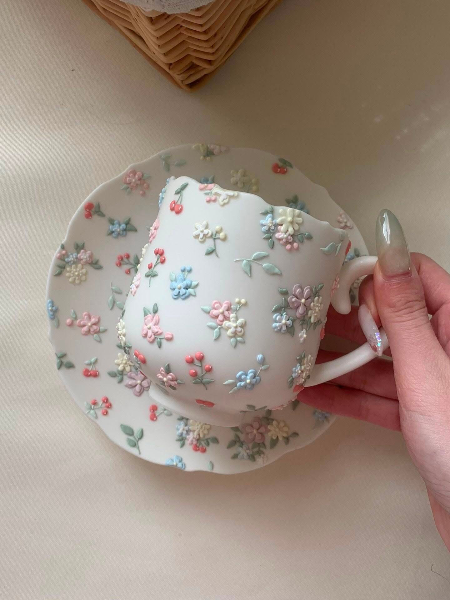 Pastel floral cherry ceramic cup and saucer with 3D flowers