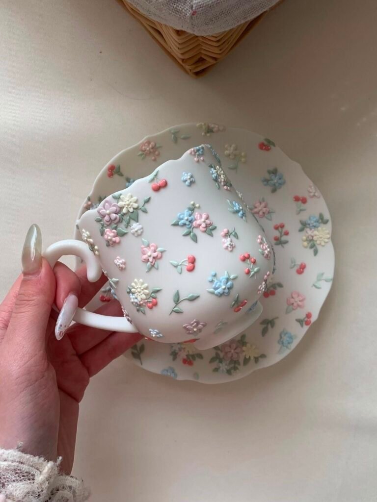Pastel floral cherry ceramic cup and saucer with 3D flowers