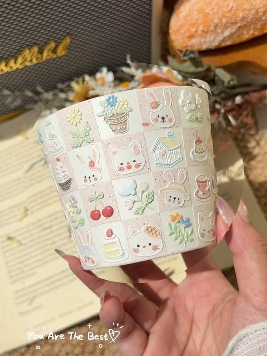 Hand-painted ceramic cup with cute rabbit, cat, cherry and floral patterns