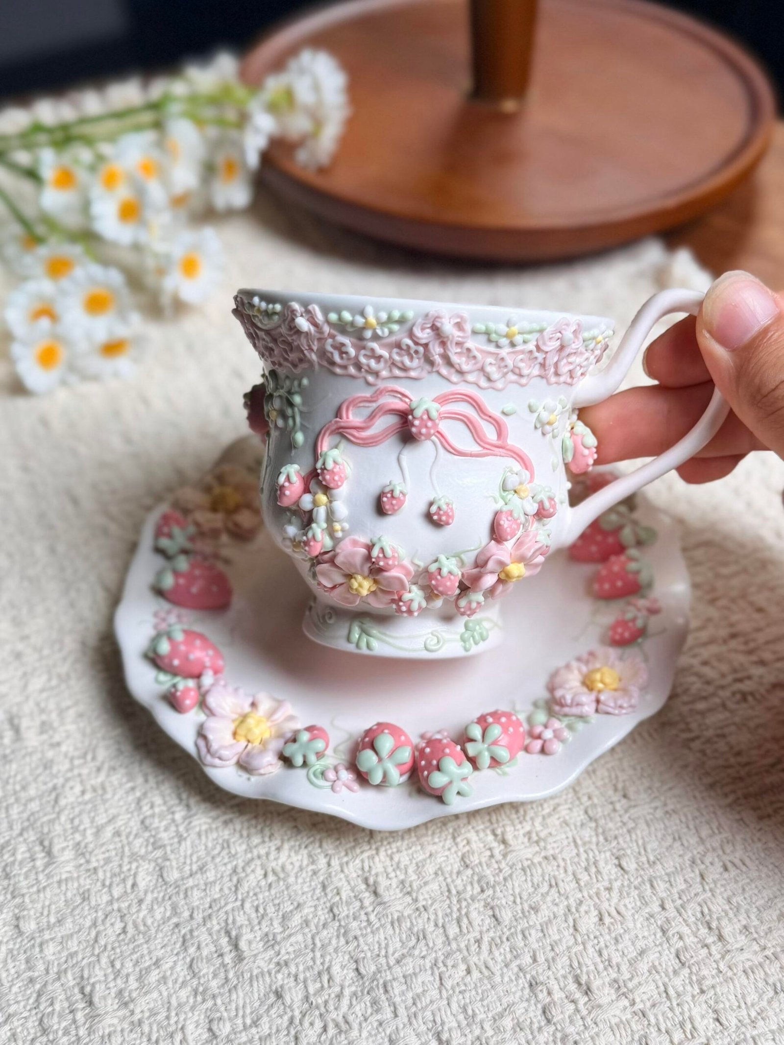 Pink floral bow ceramic cup and saucer set with raised flower details