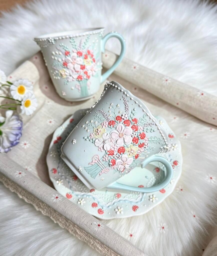 Light Blue Strawberry Floral Ceramic Cup and Saucer with 3D Flowers