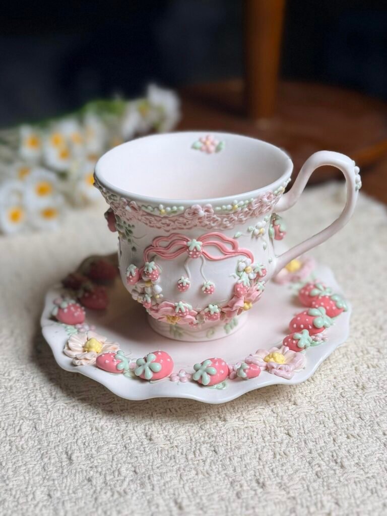 Pink floral bow ceramic cup and saucer set with raised flower details