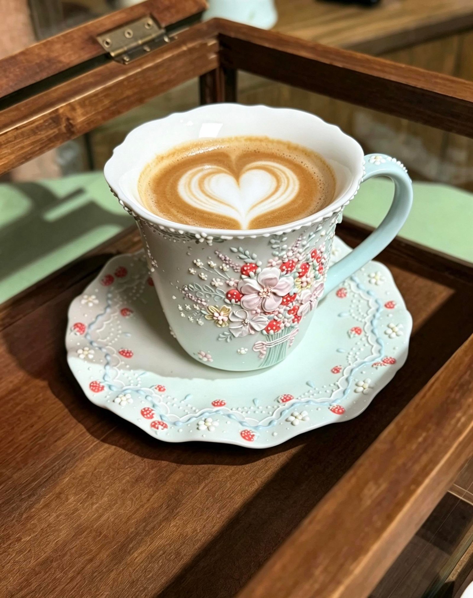 Light Blue Strawberry Floral Ceramic Cup and Saucer Set - Image 2
