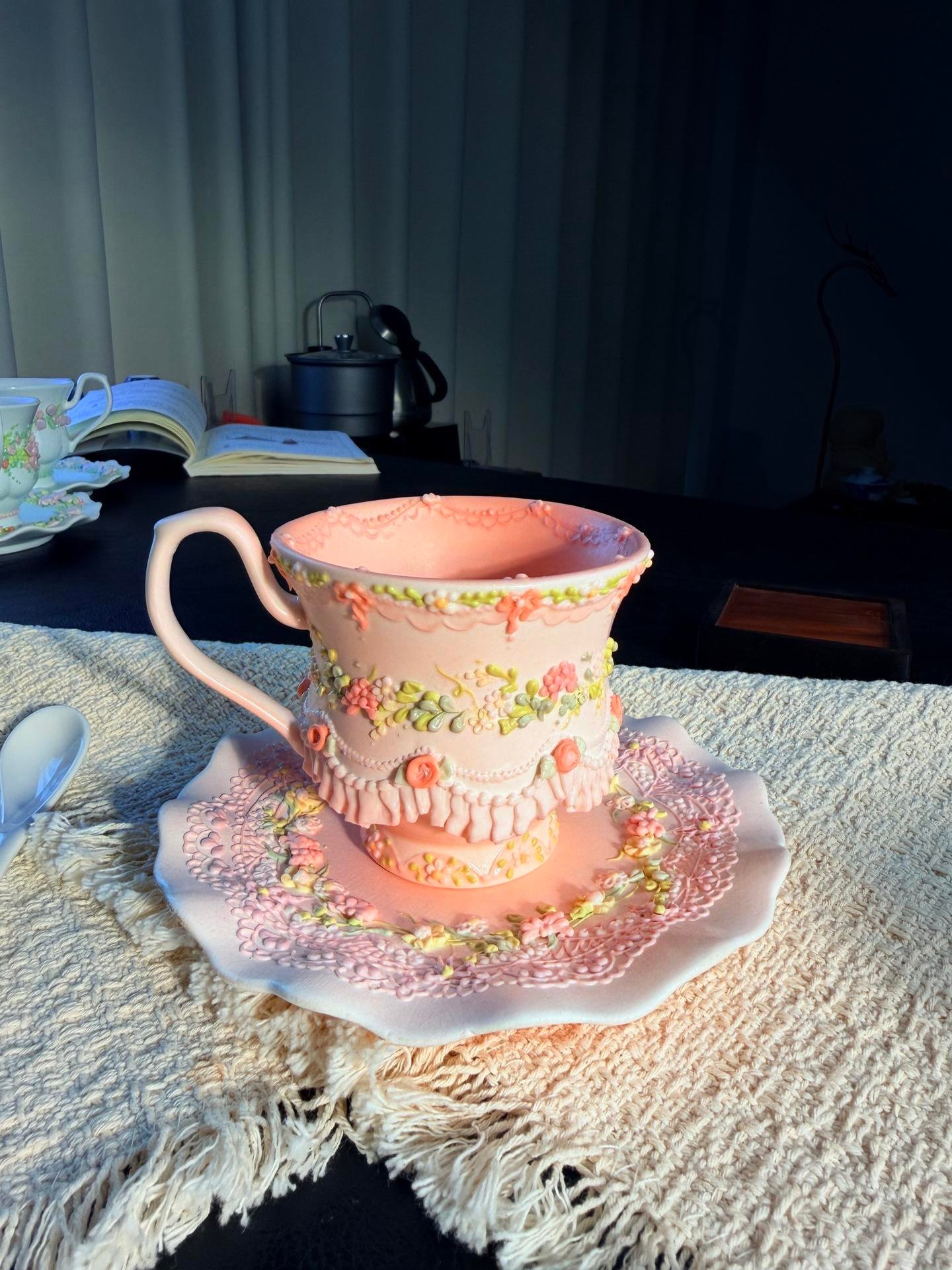 Pink ruffle floral ceramic cup and saucer with 3D flowers