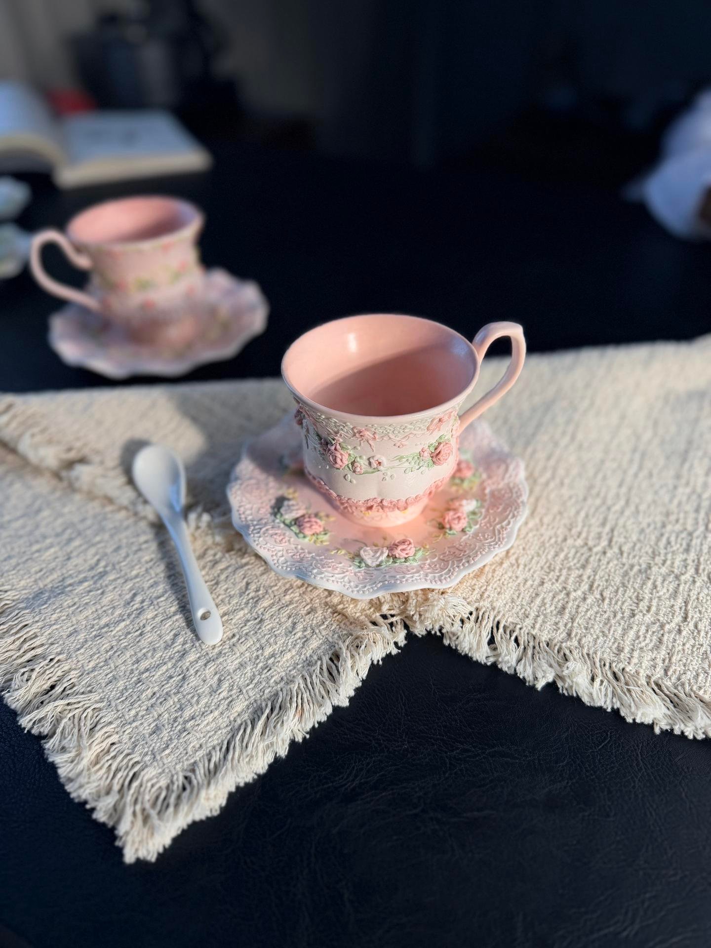 Pink Ruffle Floral Ceramic Cup and Saucer Set - Image 3