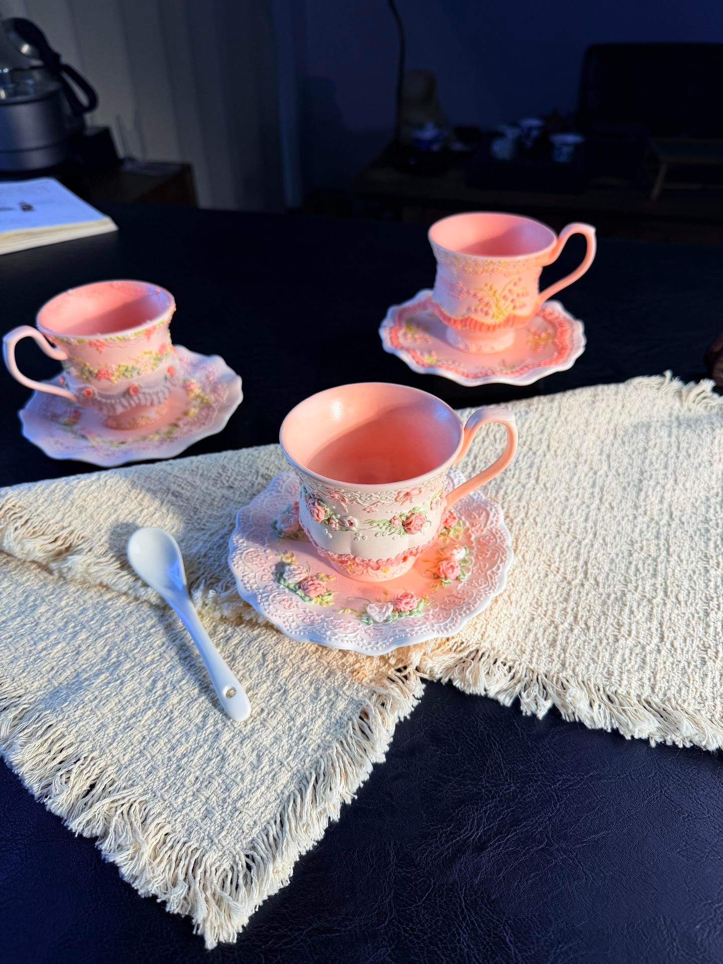 Pink Ruffle Floral Ceramic Cup and Saucer Set - Image 4