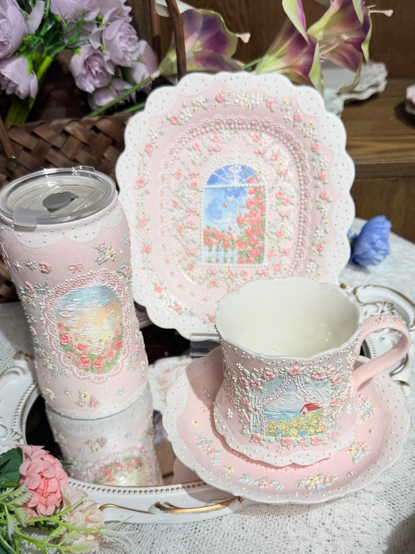 Pink Floral Cottage Ceramic Cup and Saucer Set - Image 3