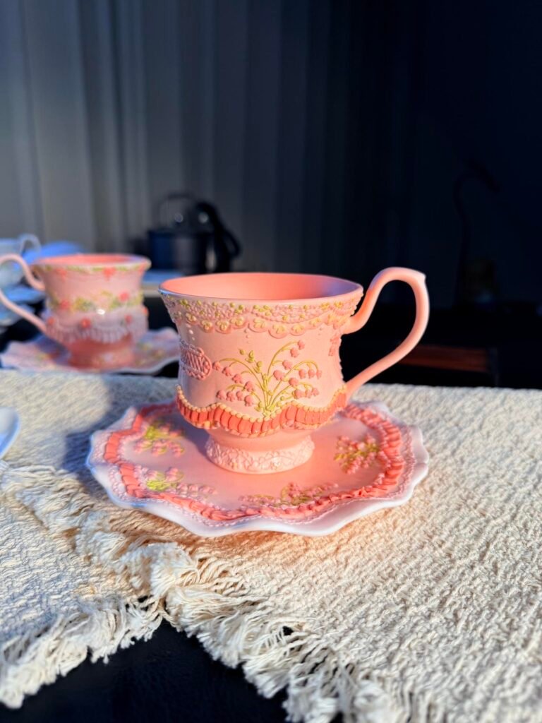 Pink ruffle floral ceramic cup and saucer with 3D flowers