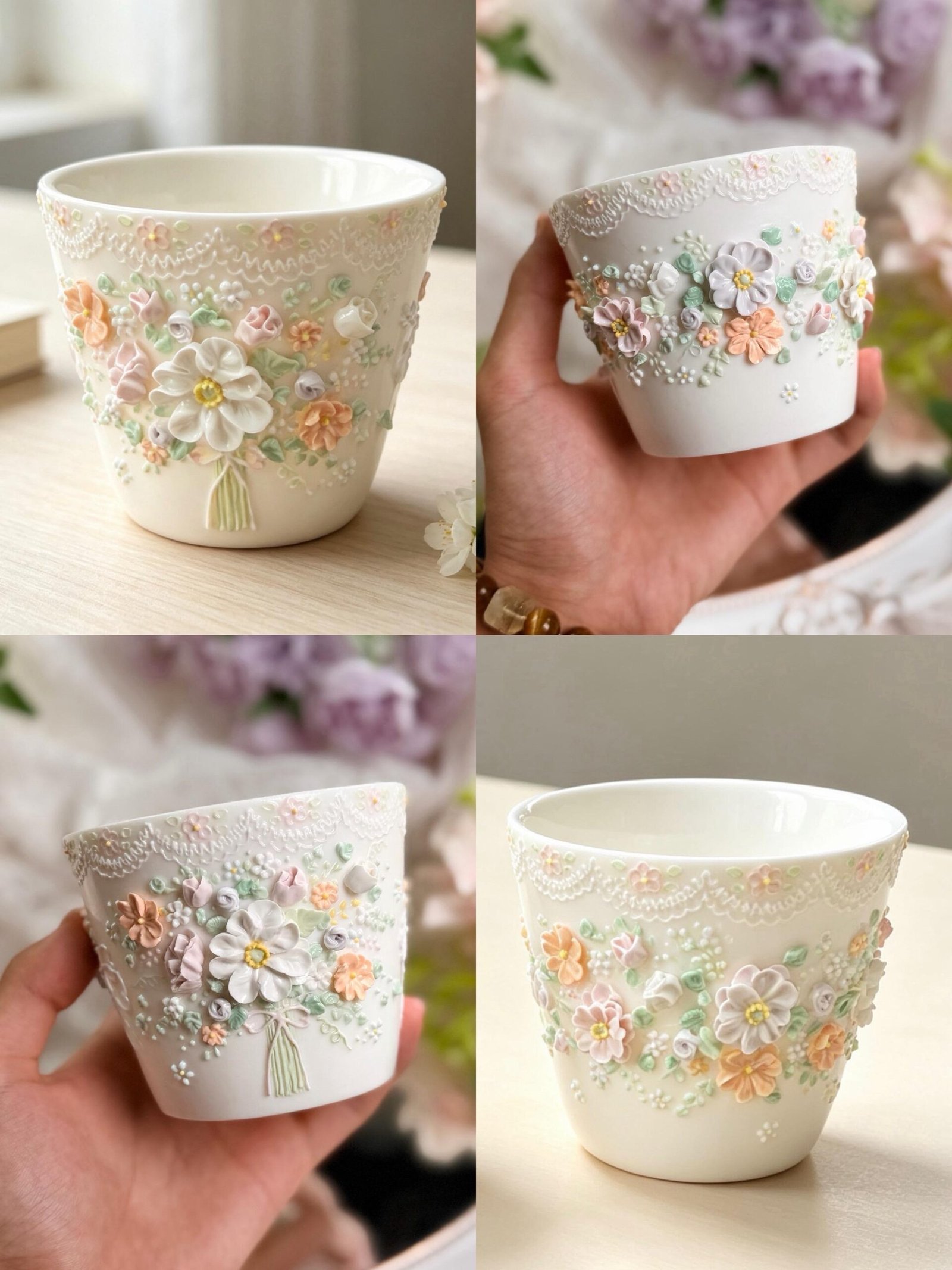 Pastel Floral Ceramic Cup with Raised Flower Details - Image 3