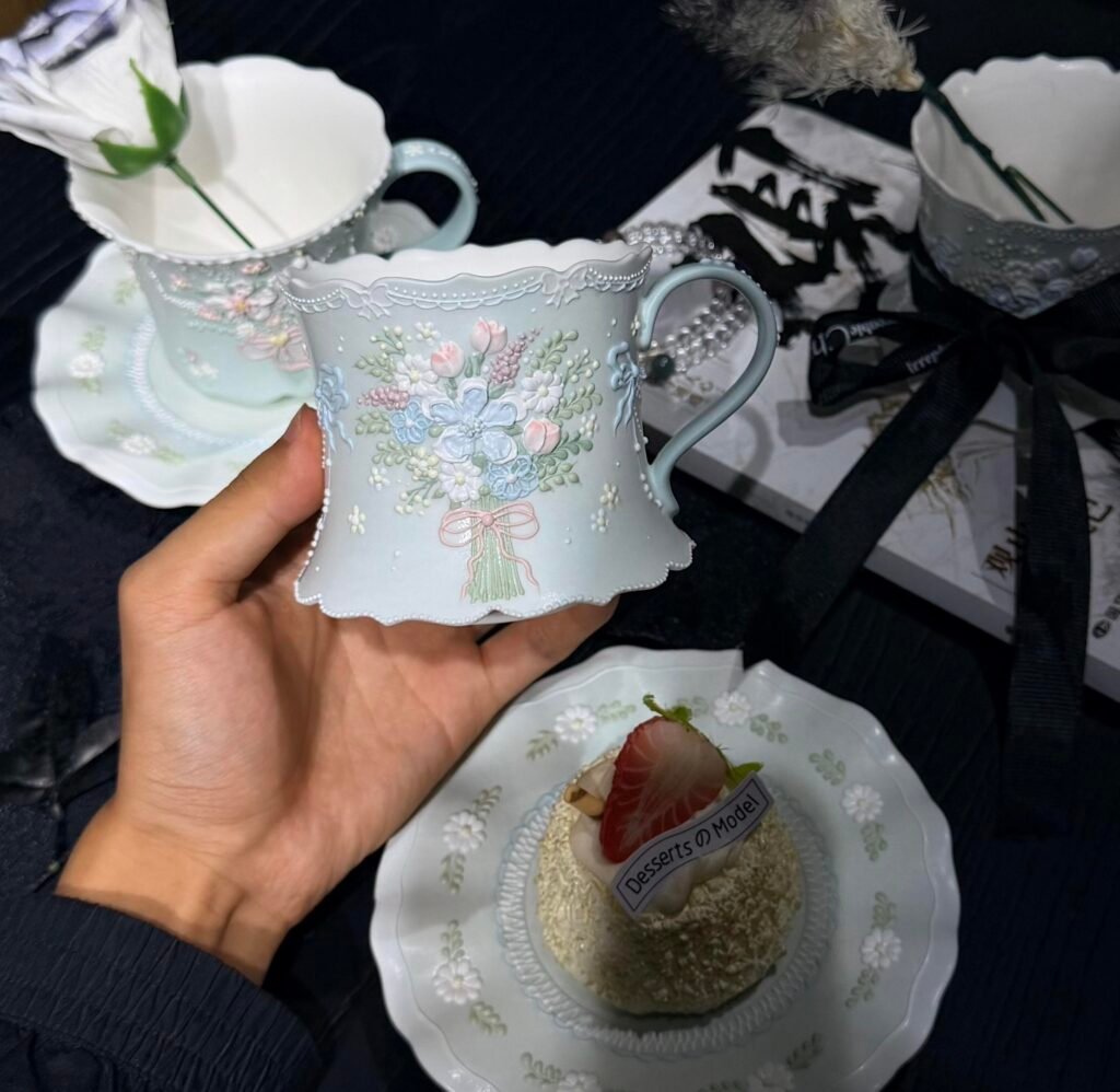 Pastel blue floral bouquet ceramic mug with matching saucer