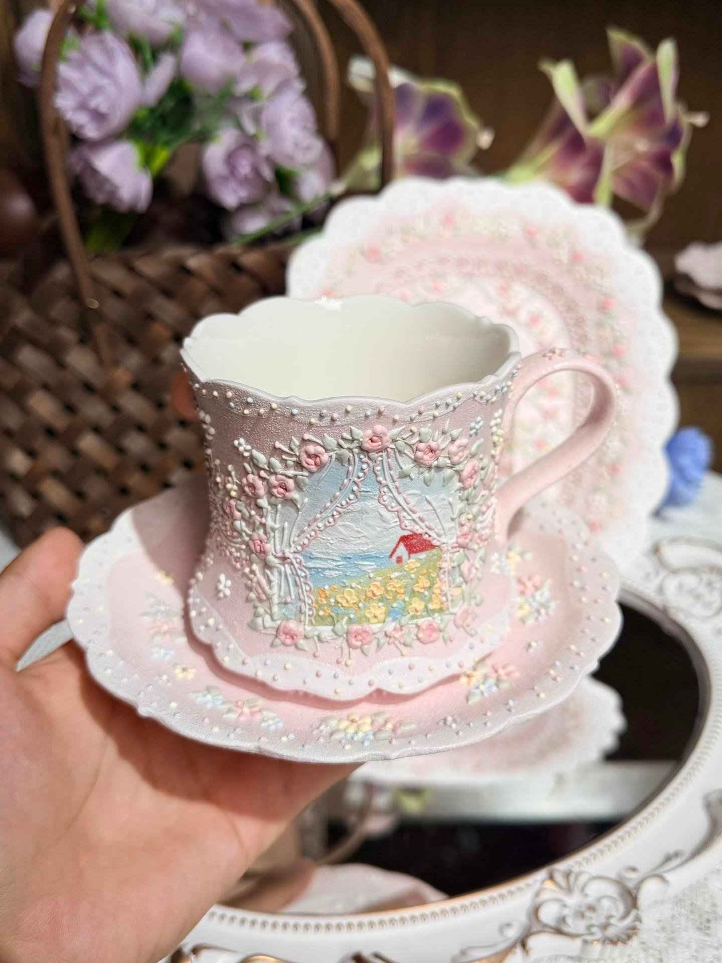 Pink floral ceramic cup and saucer with 3D flowers and cottage design