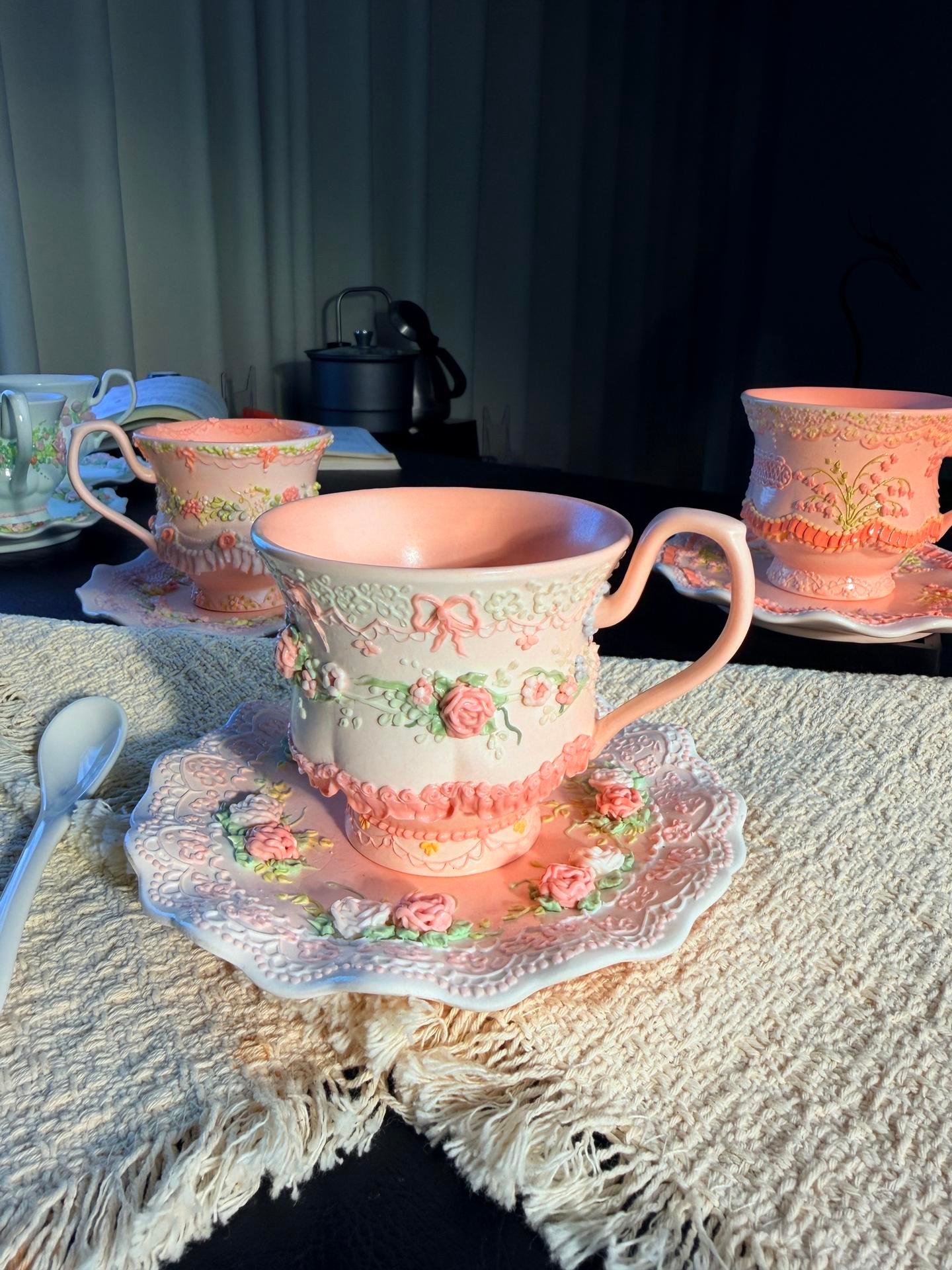 Pink Ruffle Floral Ceramic Cup and Saucer Set - Image 6