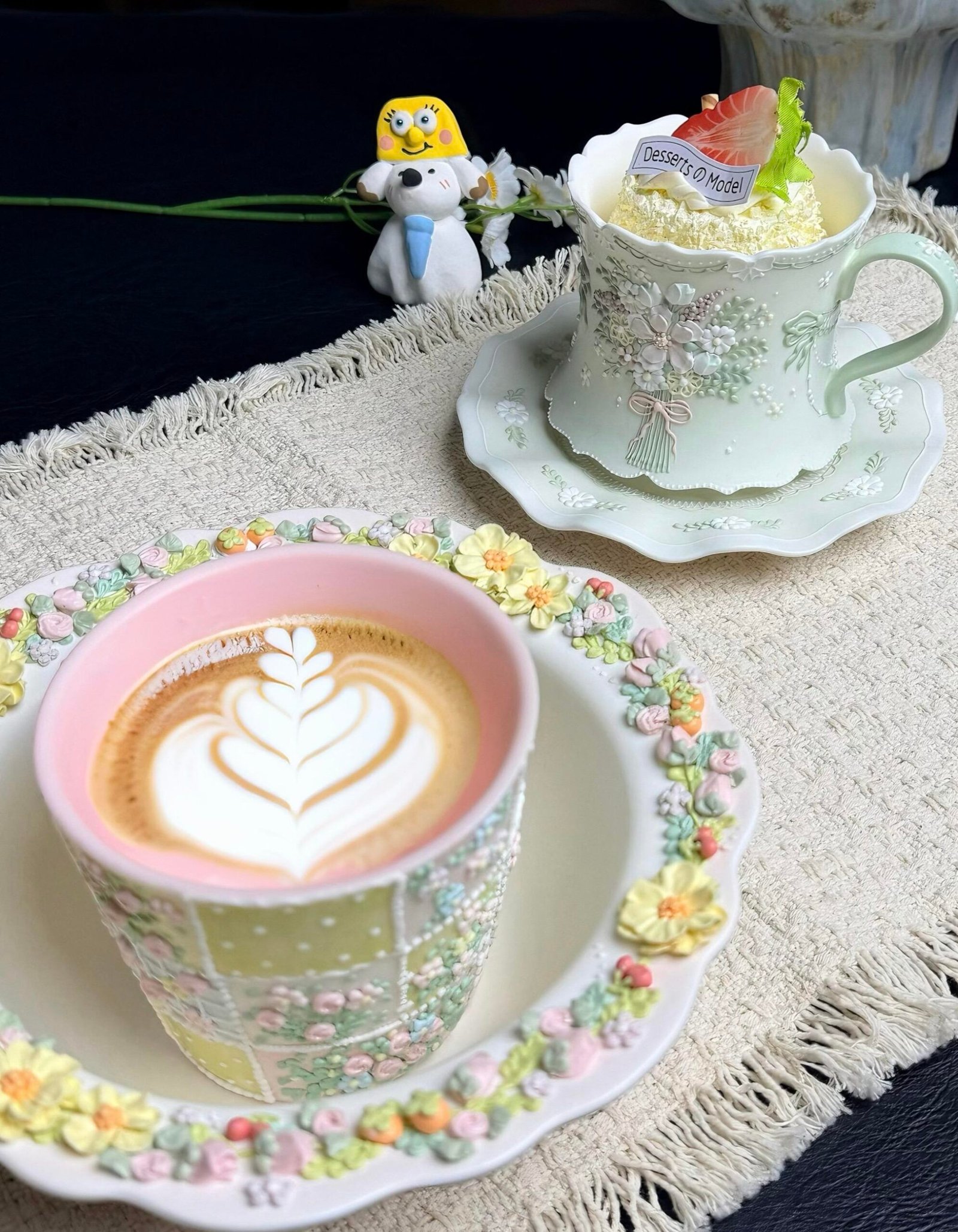 Sage green floral bouquet ceramic cup and saucer with 3D flowers