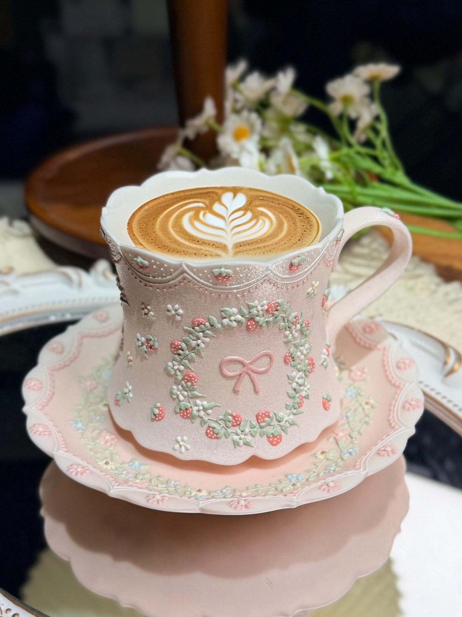 Pink Strawberry Bow Ceramic Mug with 3D Floral Details