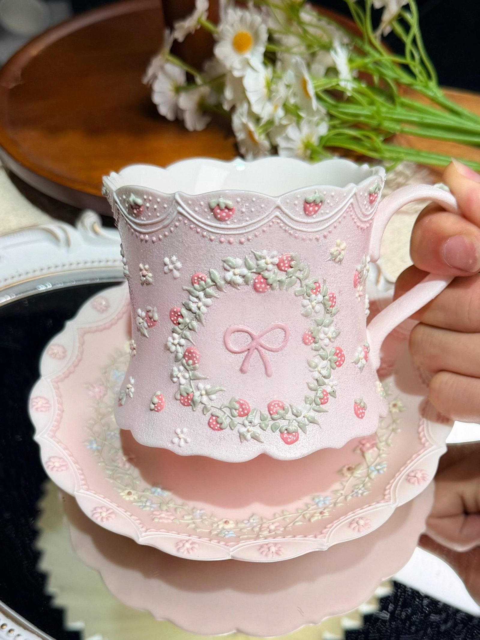 Strawberry Bow Ceramic Mug with 3D Floral Details - Image 2