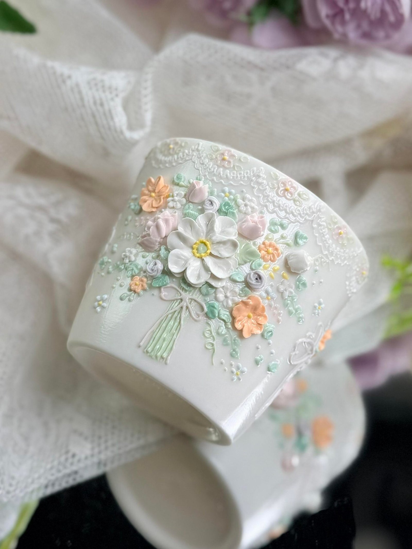 Pastel Floral Ceramic Cup with Raised Flower Details - Image 5