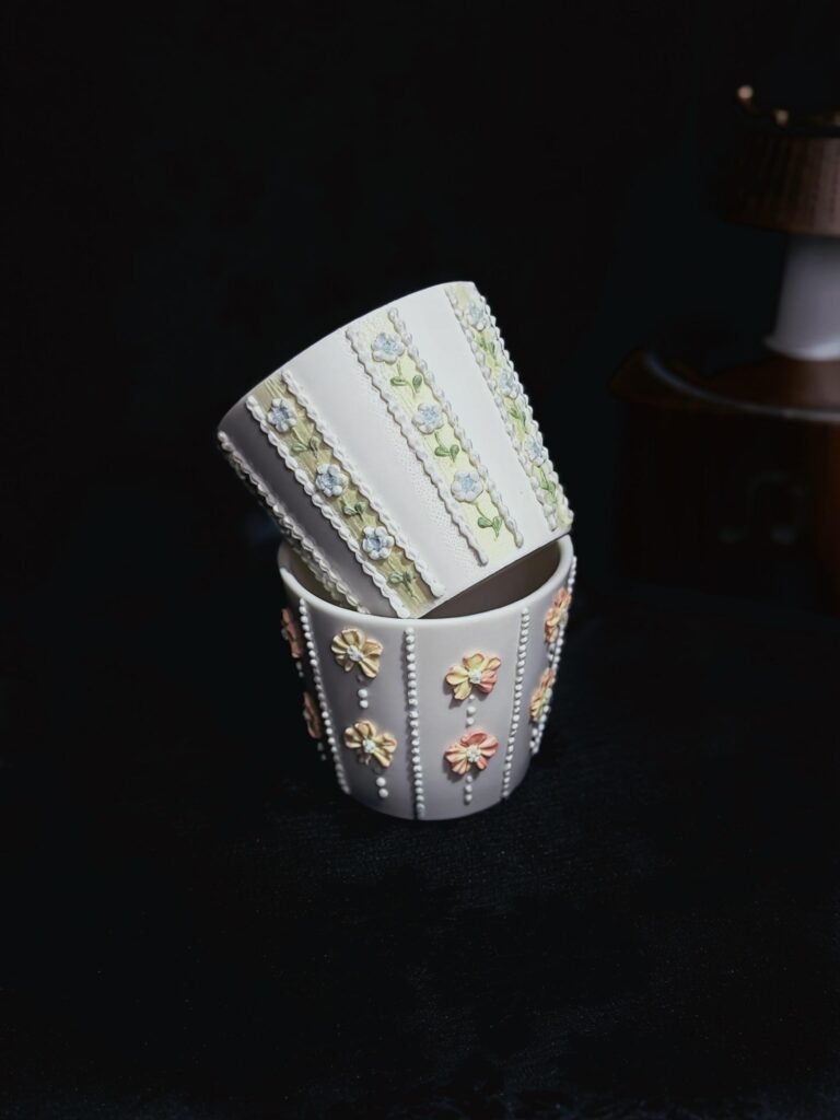 White ceramic mug with 3D bow and floral decorations