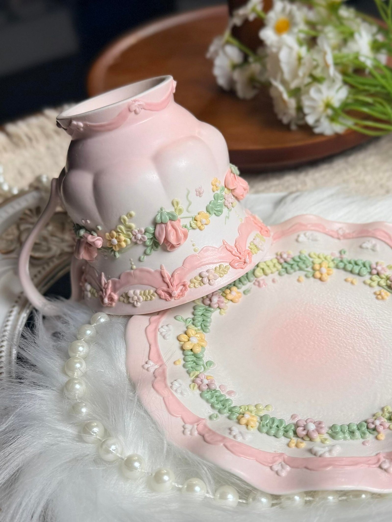 Pink Floral Bow Ceramic Cup & Saucer Set - Image 2