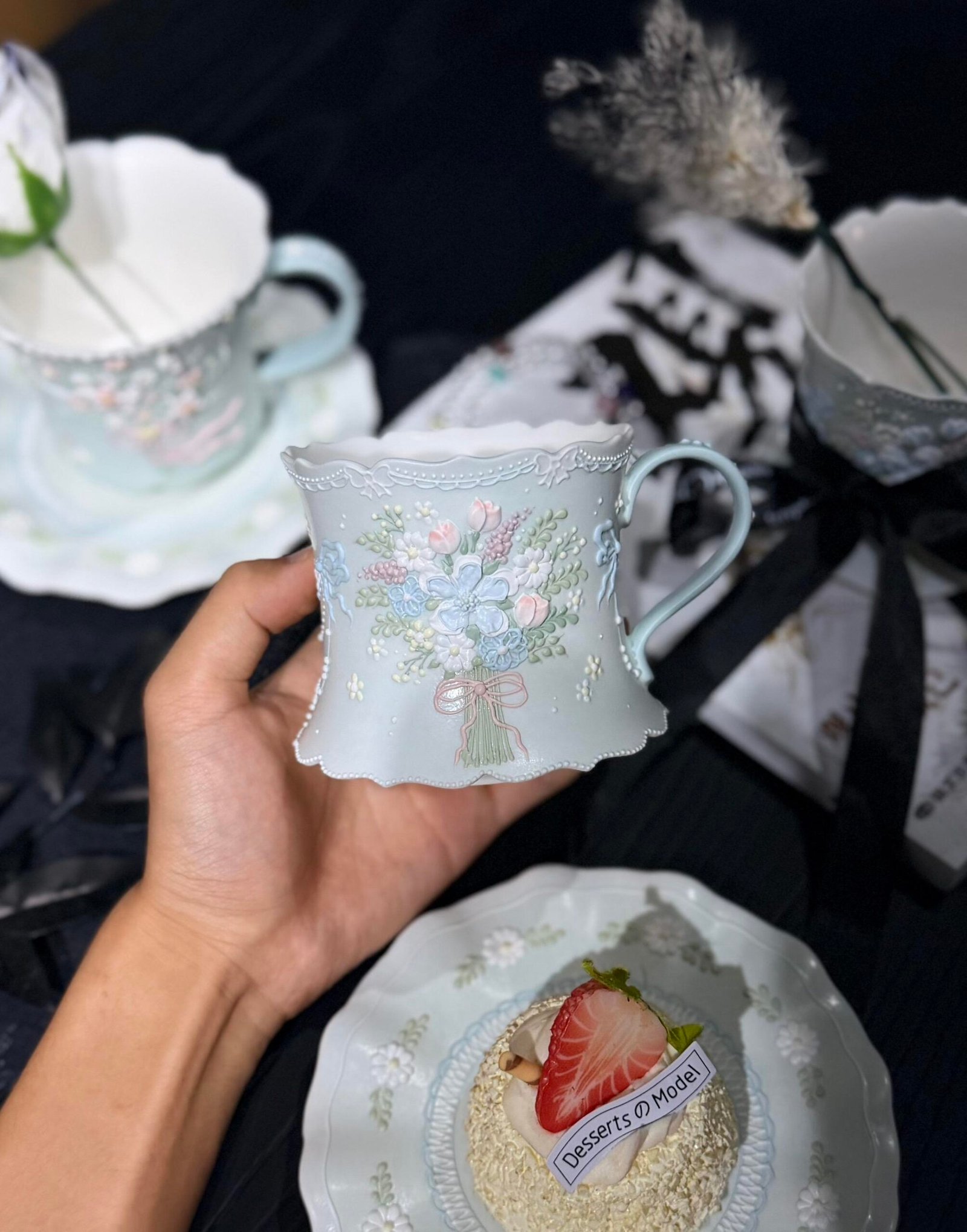 Pastel Blue Floral Bouquet Ceramic Mug - Image 3