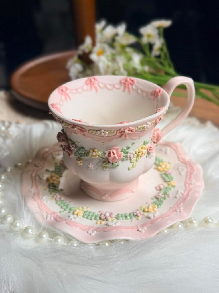 Pink Floral Bow Ceramic Cup & Saucer Set