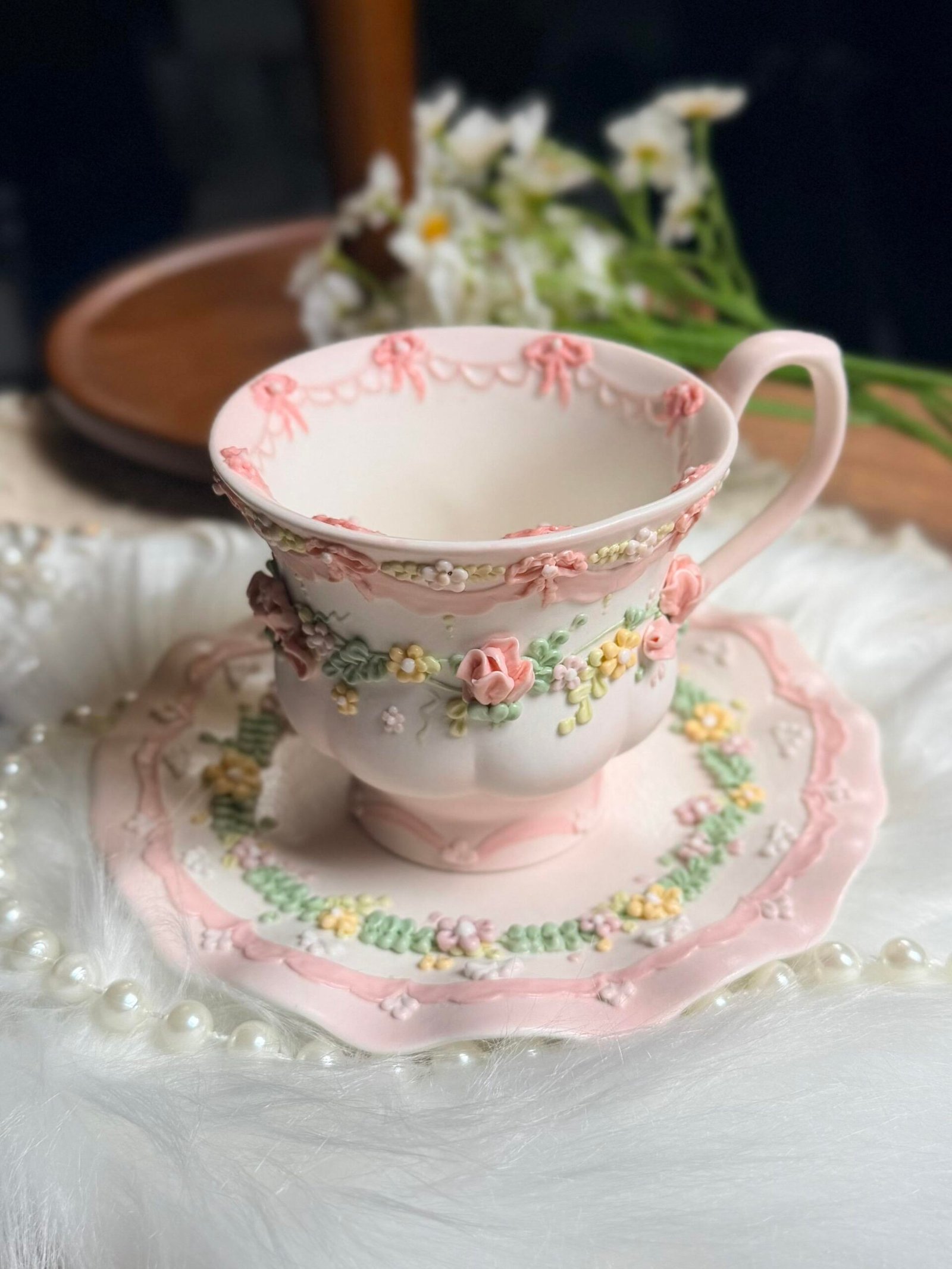 Pink Floral Bow Ceramic Cup & Saucer Set