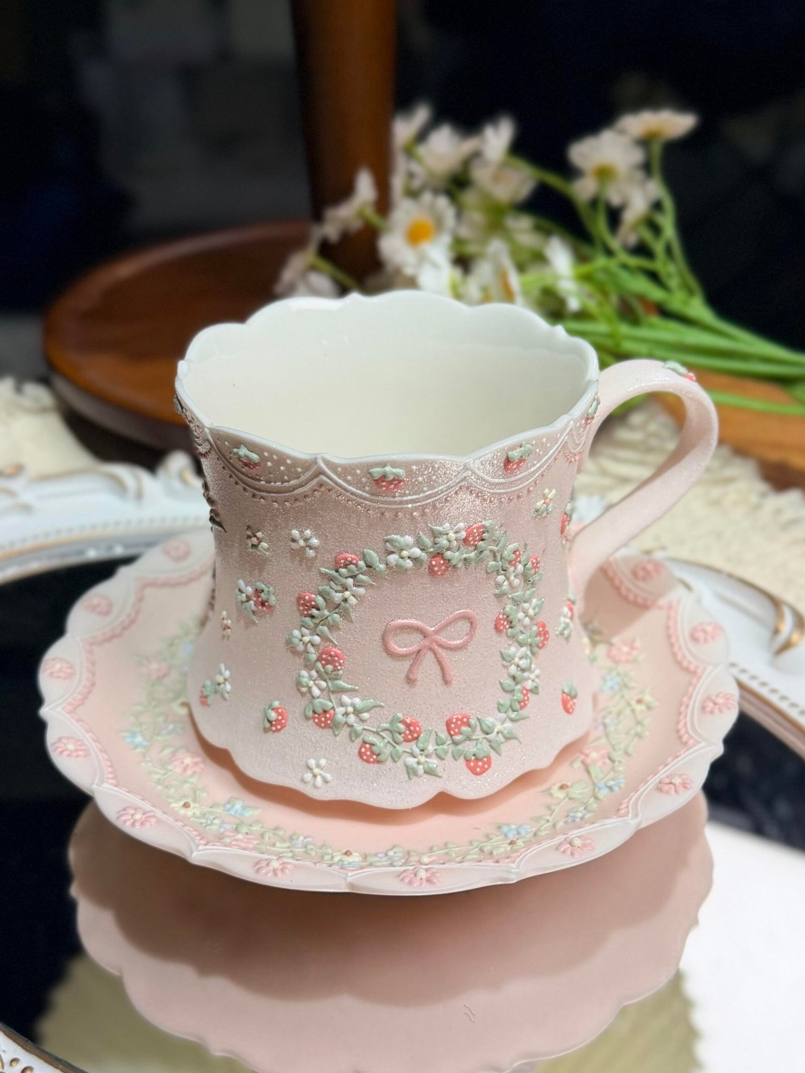 Strawberry Bow Ceramic Mug with 3D Floral Details - Image 4