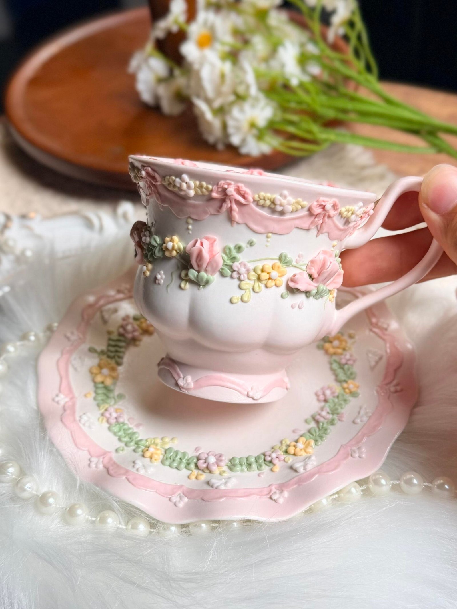 Pink Floral Bow Ceramic Cup & Saucer Set - Image 3