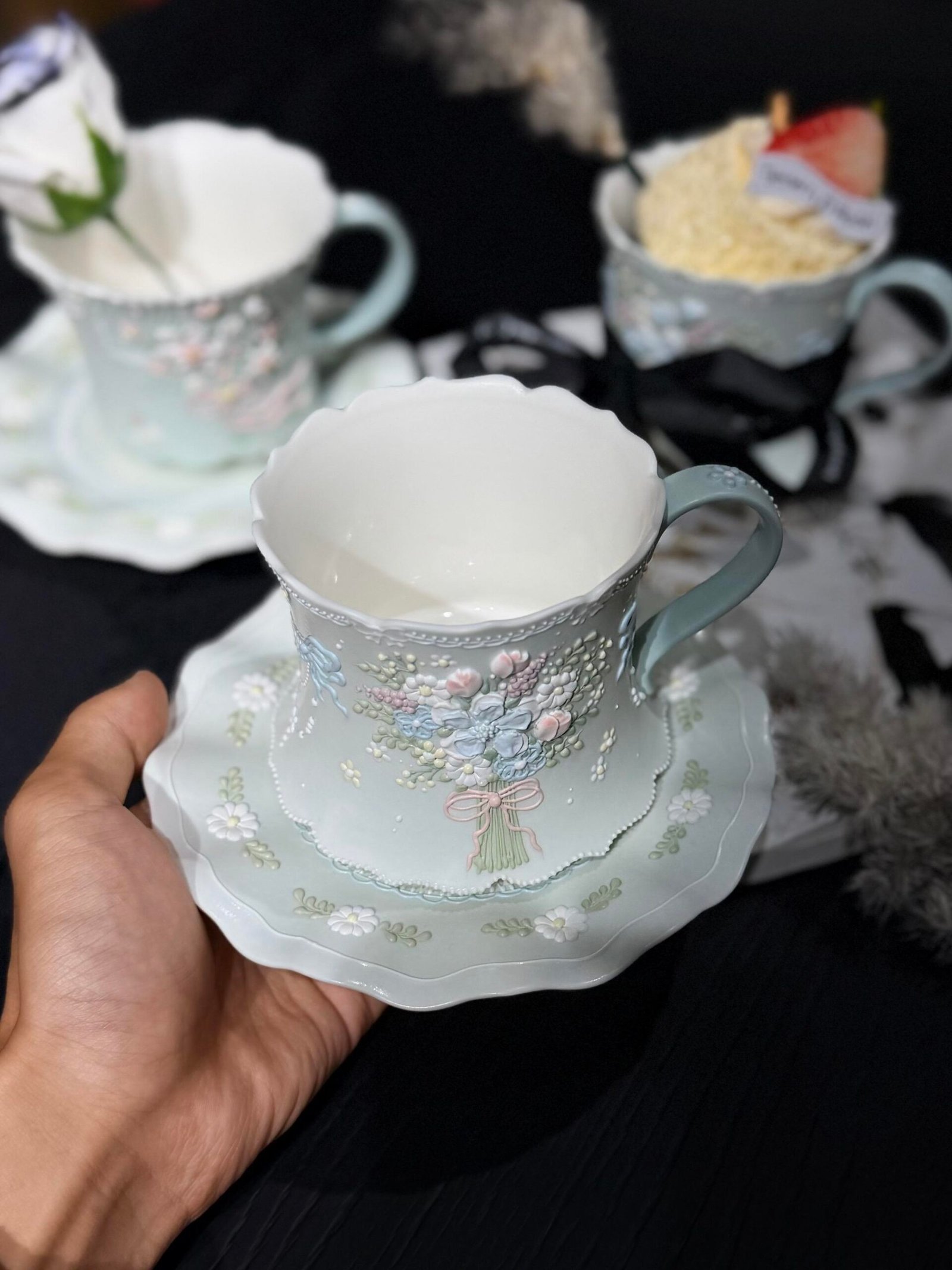 Pastel blue floral bouquet ceramic mug with raised 3D flowers and bow detail