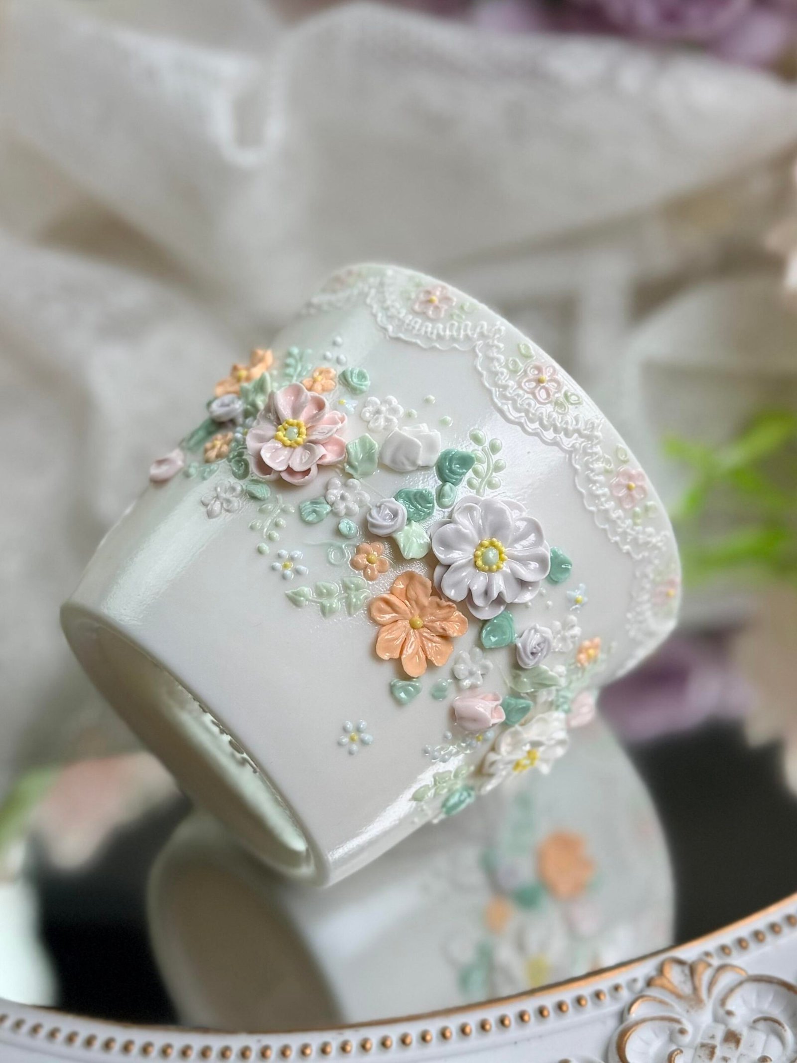 Pastel Floral Ceramic Cup with Raised Flower Details - Image 4