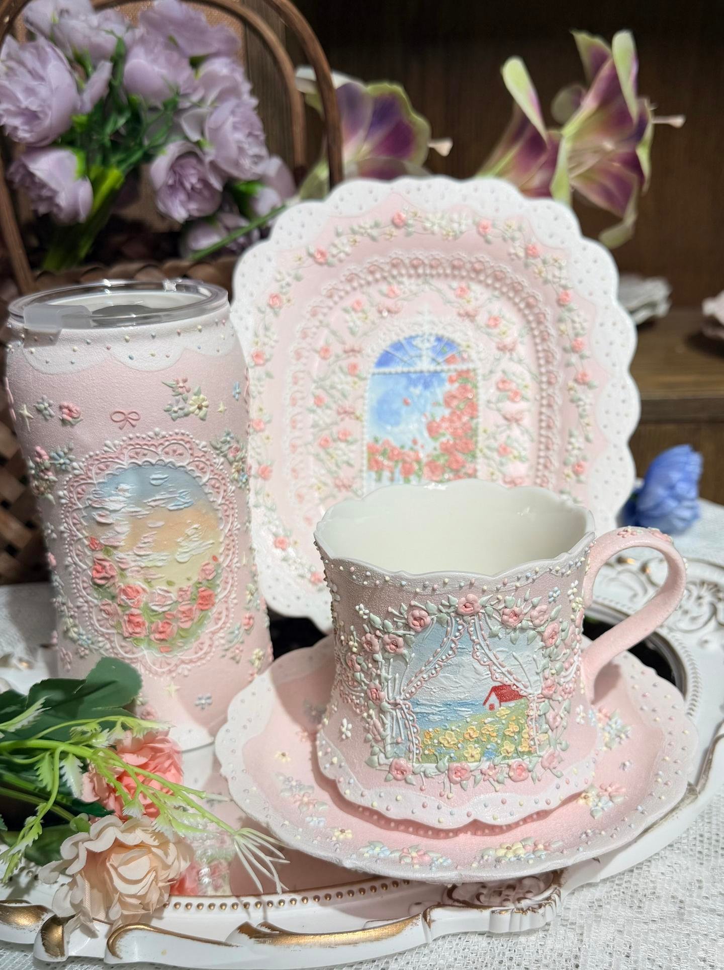 Pink Floral Cottage Ceramic Cup and Saucer Set - Image 5