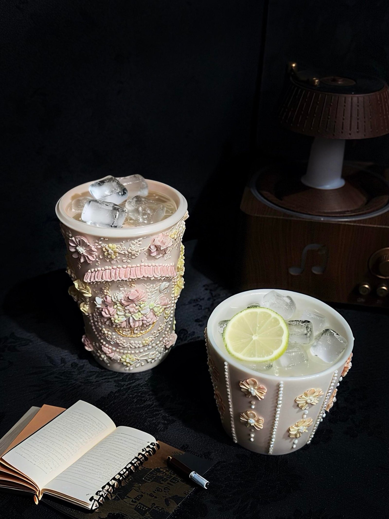White ceramic mug with 3D bow and floral decorations