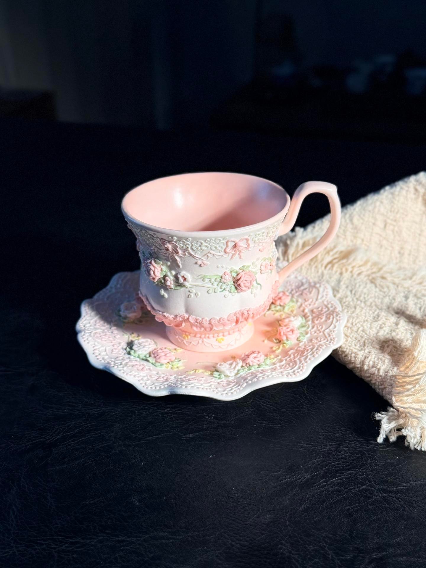 Pink Ruffle Floral Ceramic Cup and Saucer Set - Image 5
