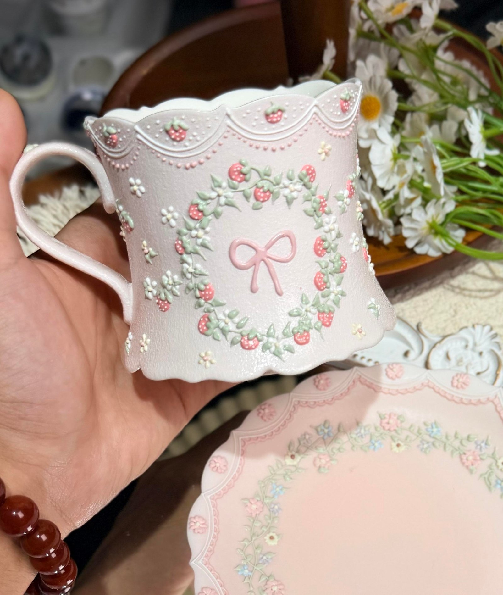 Strawberry Bow Ceramic Mug with 3D Floral Details - Image 3
