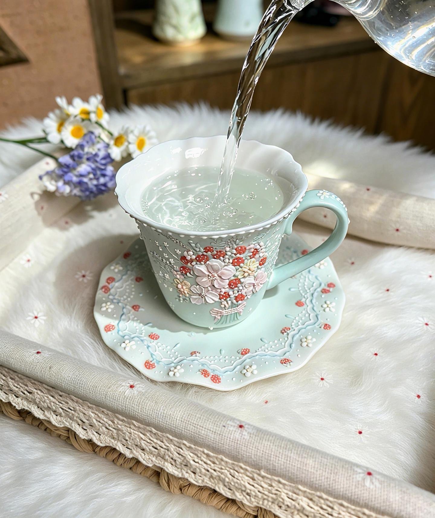 Light Blue Strawberry Floral Ceramic Cup and Saucer Set - Image 4
