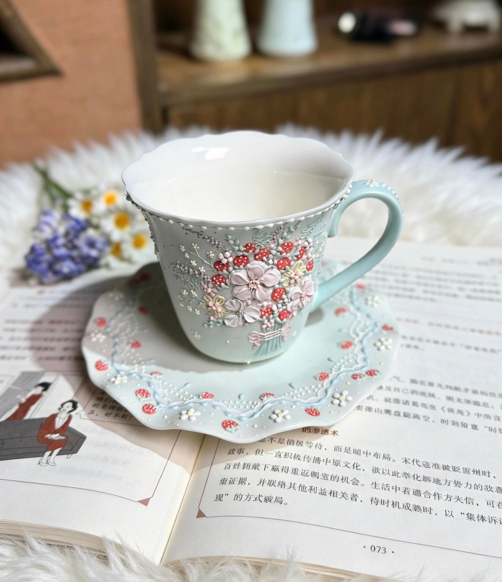 Light Blue Strawberry Floral Ceramic Cup and Saucer Set - Image 5