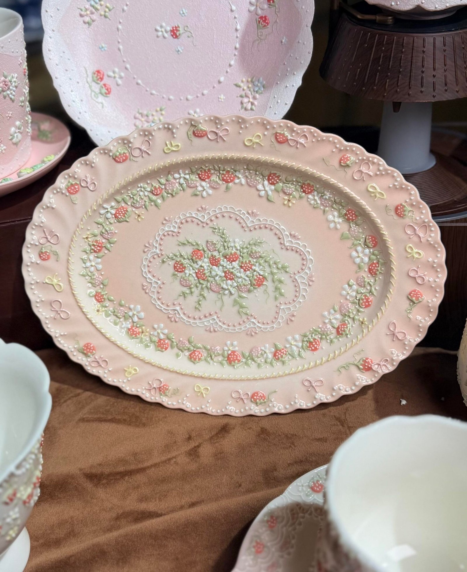 Strawberry Wreath Bow Ceramic Cup and Saucer Set - Image 3
